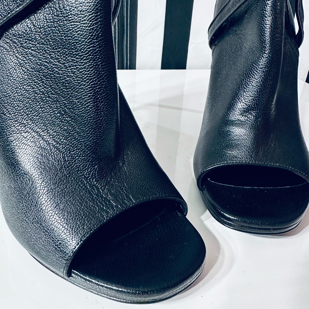 SAINT LAURENT Paris Black Leather Peep Toe Platform Heeled Ankle Booties - Picture 4 of 8